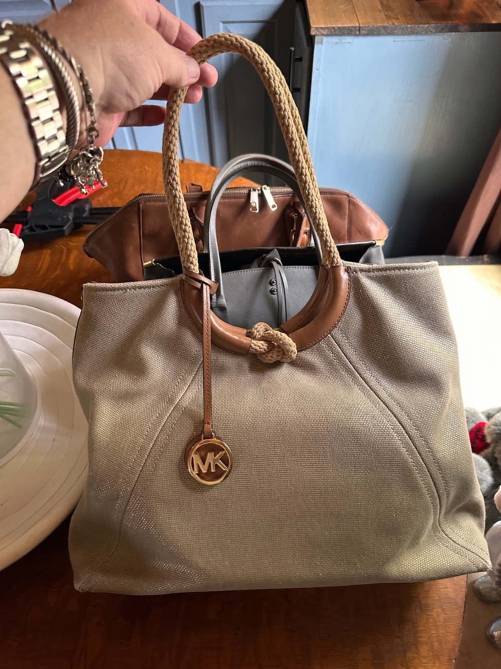 Michael Kors Beige Canvas Shoulder Tote with Tan Leather Trim